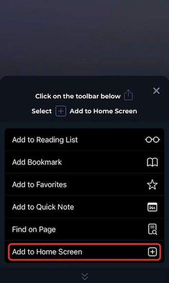 🔻Step 2: Select the "Add to Home Screen" option.