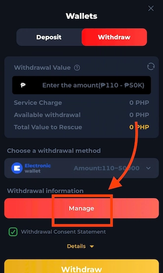 🔻Step 1: Click on "Manage" to provide information and bind the withdrawal account.