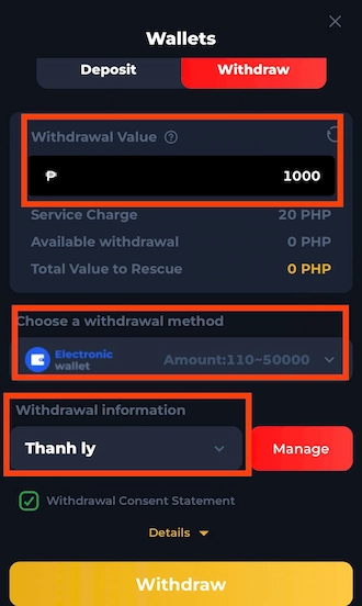 🔻Step 3: Enter the withdrawal value, and select the withdrawal method and information.